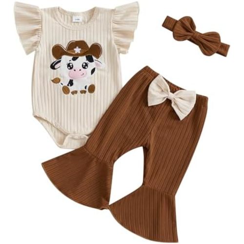 Baby Girl Summer Clothes Western Newborn Girl Short Sleeves Animal Cow Romper Pants Headband Set Outfits