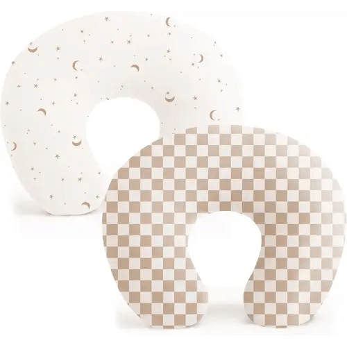 Konssy 2 Pack Nursing Pillow Covers, Stretchy and Soft Nursing Cover for Breastfeeding Pillows, Pillow Slipcover for Baby Girls Boys Newborn (Moon,Coffee Check)