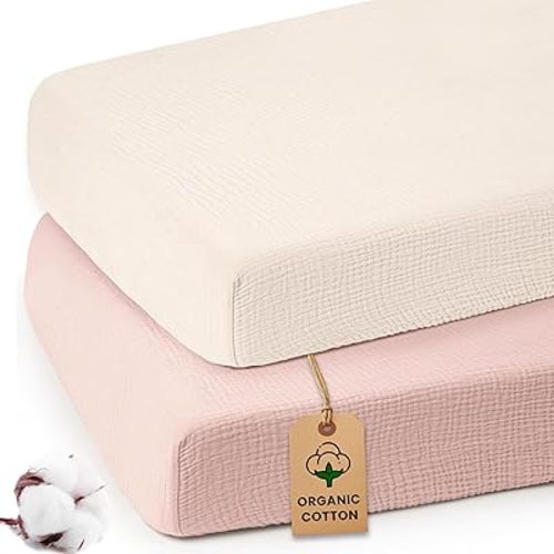 Organic Cotton Muslin Crib Sheets (Set of 2) – Soft & Breathable Fitted Sheets for Boys and Girls, Neutral Colors – Fits Standard Baby Crib Mattress (28 x 52 Inches) (Peach/Ivory)
