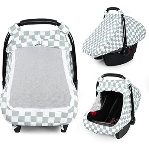 DILIMI Car Seat Covers for Babies, Muslin Cotton Baby Car Seat Cover with Breathable Mesh Window, Summer Infant Car Seat Canopy for Boys Girls Newborn, Green Plaid