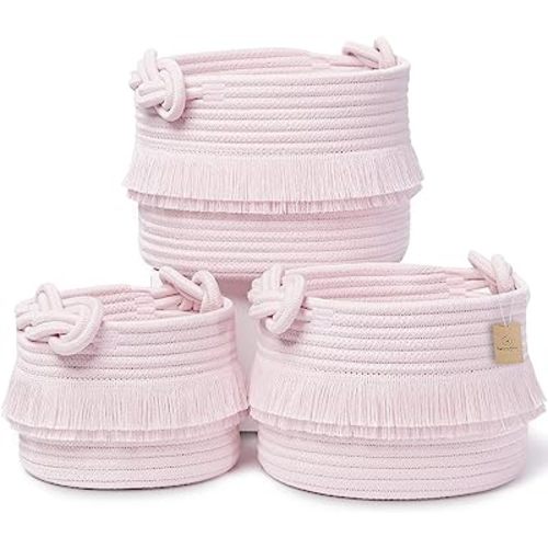 NaturalCozy 3-Piece Decorative Storage Basket Set – Pink Cotton Rope Small Woven Baskets for Organizing for Nursery Baby Stuff, Gift, Vanity, Montessori, Dog Cat Toy Bin, Planter, Bathroom Shelves