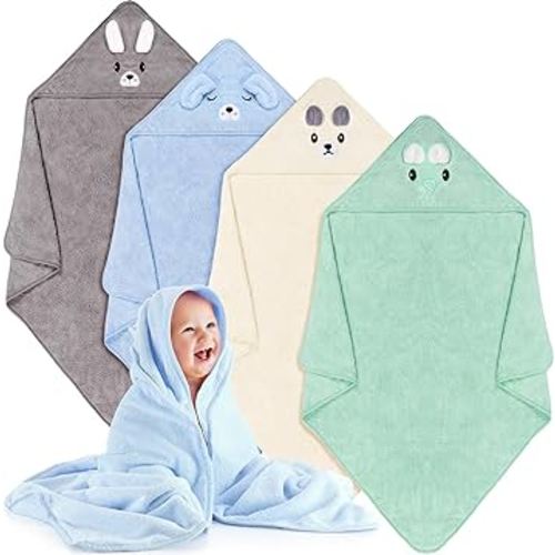 Preboun 4 Pcs Baby Bath Towel 31.5 x 31.5 Inch Coral Fleece Baby Hooded Towel Absorbent Soft Baby Towels for Newborn Cartoon Animal Hooded Bath Blanket for Kids Toddler Infant Shower (Cute Style)