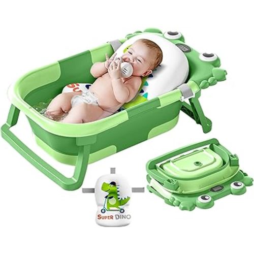 Collapsible Baby Bathtub for Newborns to Toddler with Real-time Temp Monitor & Floating Cushion,Portable Travel Tub for 0-36 Month, Foldable Baby Bath Tub for Infants(Vivid Green)