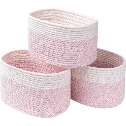CubesLand Pink Storage Basket Bins for Shelves Closet Storage,Woven Rope Baskets for Organizing,Decor Basket for Living Room,Bedroom Organization&Storage,Perfect for Pet Toy&Food Storage, 3Packs