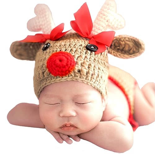 Ylsteed Newborn Photography Outfits - Girl & Boy Photoshoot Sets - Christmas Reindeer Props - Crochet & Knit Set
