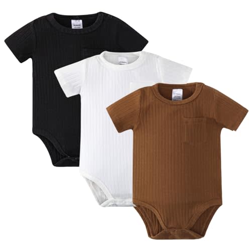 ROMPERINBOX Newborn Onsies Boy Girl 3 Pack Rib Knit Baby Bodysuit Solid Color Striped Short/Long Sleeve for Unisex