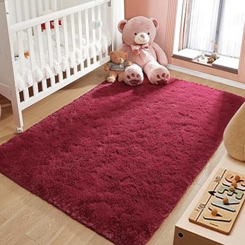 LOCHAS Ultra Soft Indoor Modern Area Rugs Fluffy Living Room Carpets for Children Bedroom Home Decor Nursery Rug 3x5 Feet, Burgundy