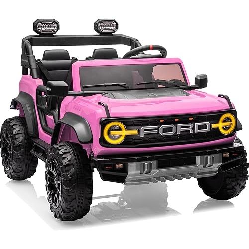 24V Ride on Toys for Big Kids, Licensed Ford Bronco Raptor 2 Seater Ride on Cars with Remote Control, Ride on Truck w/ 4-Wheeler Suspension, 3 Speeds, Led Lights, Bluetooth (24V, Pink)