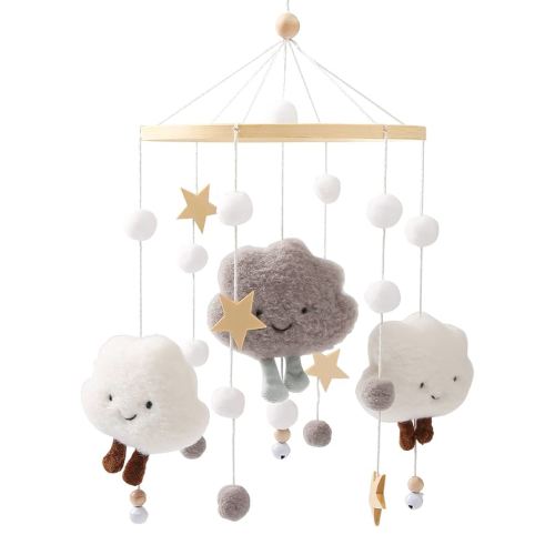 Baby Crib Mobile Wooden Wind Chime Bed Bell,Neutral Baby Crib Mobile,Baby Mobile for Crib,Handmade Baby Mobile,Clouds Baby Ceiling Mobile Baby Nursery Decoration (Grey)