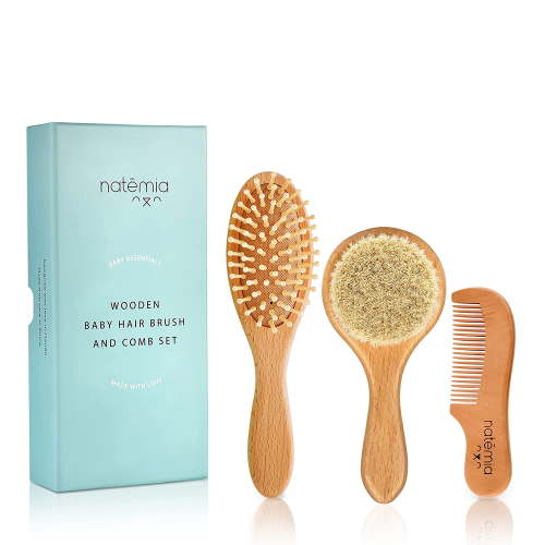 Natemia Wooden Baby Hair Brush Set for Newborns & Toddlers - Natural Soft Bristles - Ideal for Cradle Cap - Perfect Baby Registry Gift Set of 3