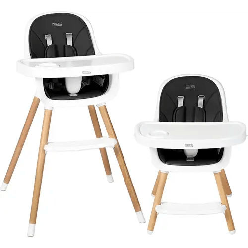 Kinder King 3 in 1 Convertible Baby High Chair, Wooden Highchair w/Double Removable Tray, Infant Feeding Chair-Toddler Chair, Adjustable Legs, Detachable Footrest & PU Cushion, 5-Point Harness, Black