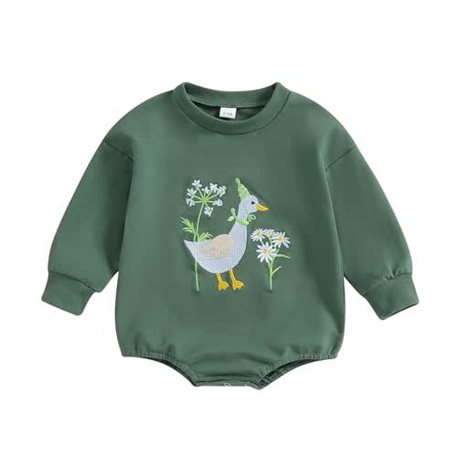xkwyshop Newborn Baby Girl Fall Clothes Silly Goose Floral Embroidery Long Sleeve Sweatshirt Bubble Romper Animal Farm Outfit