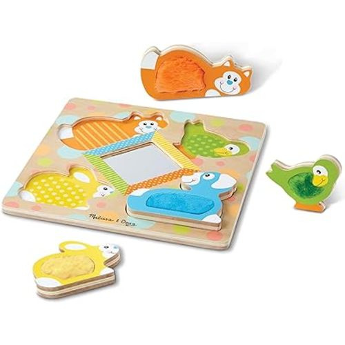 Melissa & Doug First Play Wooden Touch and Feel Puzzle Peek-a-Boo Pets With Mirror