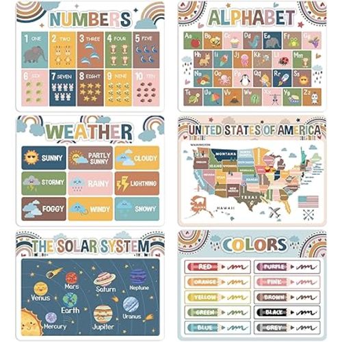 Educational Preschool Placemats Set of 6 Boho Plastic Table Mats Toddler Children Montessori Place Mats for Kids Washable Vinyl Holiday Table Decoration for Indoor Outdoor Party Kitchen Dining Table