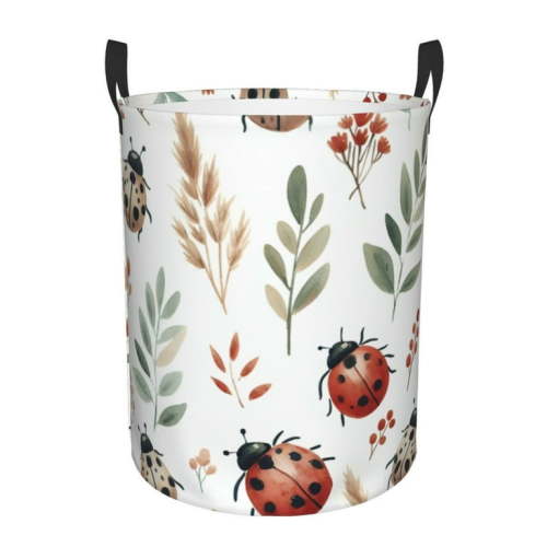 Junzan Watercolor Ladybug Print Large Laundry Basket,Freestanding Laundry Hamper Storage Basket for Toys Bin Pillows Blankets Clothes-Medium