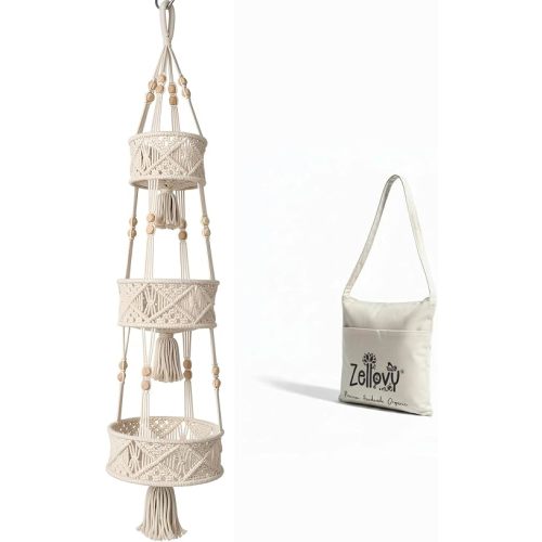 3 Tier Hanging Fruit Basket for Kitchen, Macrame Fruit Hanger, Macrame Hanging Basket for Organizing, Handmade Woven Baskets, Hanging Plant Holder, Boho Decor Wall Basket Storage Organizer