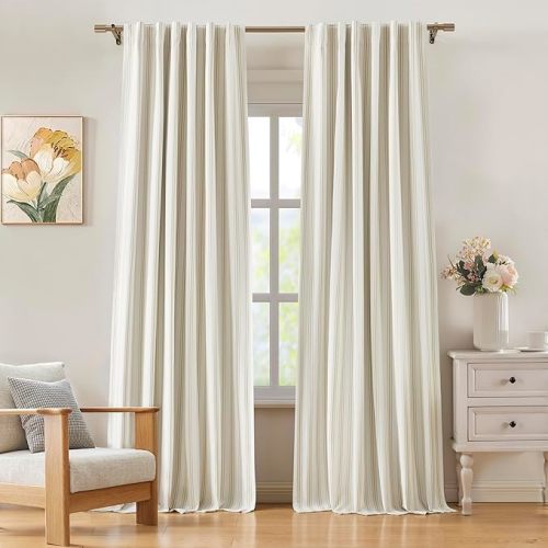 Beige Stripe Blackout Curtains 90 Inch for Bedroom,Ticking Stripe on White Cotton Blend Light Filtering with White Liner,Modern Darkening Window Treatment,Back Tab Rod Pocket,55" Wx90 Lx2