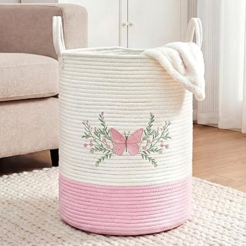 Honeydak Pink Butterfly Laundry Basket Hamper Coquette Laundry Basket Embroidered Cotton Rope Hamper 15 x 17.7 Inches Toy Box Large Coquette Decor Teen Girl Room Storage for Cloth Organization