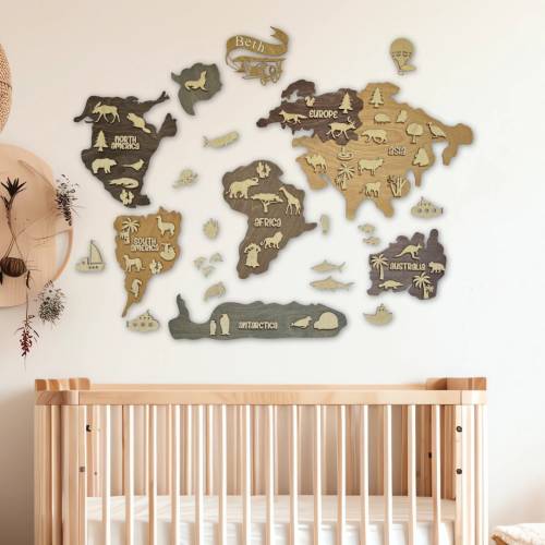 Wall Map- Safari Nursery Decor- Map Wall Art- Wooden Wall Map - Kids Bedroom Map- Kids World Map- Safari Decor- Animal World Map
