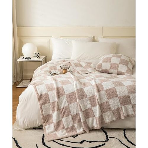 Ultra Soft Cozy Buffalo Checkerboard Grid Fluffy Microfiber Knitted Throw Blanket Lightweight Fleece Checkered Blanket for Sofa Couch Bed Travel Cream 51"X63"