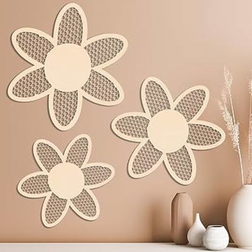 Boho Daisy Wall Decor 3 Pieces Wooden Rattan Flower Wall Hanging Art Boho Nursery Decor for Girl Home Bedroom Bohemian Wood Flowers for DIY Crafts