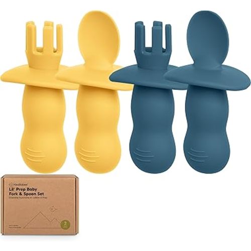 KeaBabies 4-Pack Silicone Baby Spoons and Forks Set - Baby Spoon Self Feeding, BLW Baby Utensils 6-12 Months,Baby Led Weaning Feeding Spoon,Teething Infant Baby First Food Training Pre Spoon (Valiant)