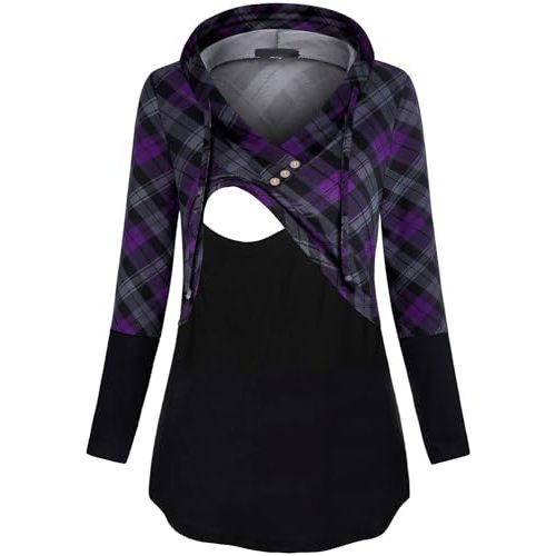 Quinee Women's Long Sleeve Plaid Colorblock Nursing Pullover Hoodie Sweatshirts