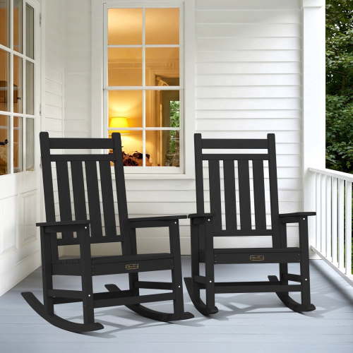 SERWALL Oversized Outdoor Rocking Chair Set of 2, All-Weather HDPE Patio Rocker with Wide Armrests for Porch, Patio & Lawn, Black