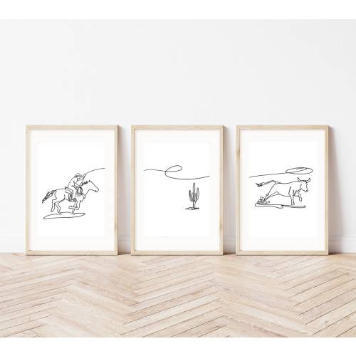 Cowboy Nursery Set of 3 Prints | Minimalist Line Art| Kids Room Décor |  Horse Rider| Lasso| Longhorn Art| Wild West Art| PRINTABLE