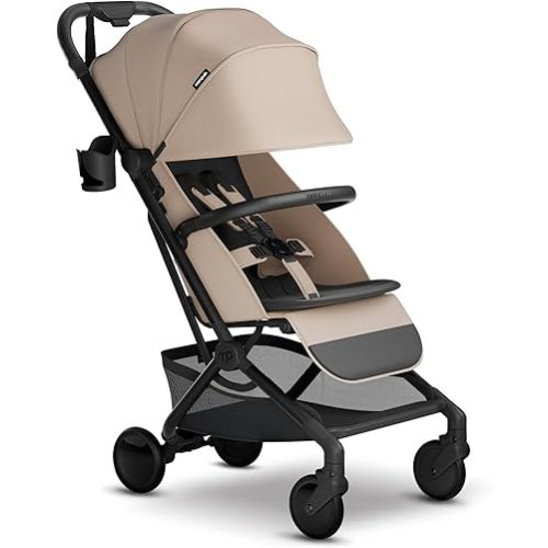 Mompush Velo Lightweight Travel Stroller – One-Hand Fold, Ultra-Compact & Airplane Friendly, Lie-Flat Recline Seat (from Birth to 50 lbs), Includes Cup Holder, Shoulder Strap, and Leather Bumper Bar