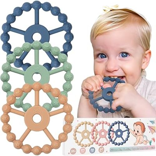 3 Pack Baby Teething Toys for Babies 0-6 Months, Silicone Teething Rings, Freezable Babies Teethers Rings 6-12-24 Months, Teething Relief Chew Toys for Girl Boy, Infant Necessities-Blu Gr Br