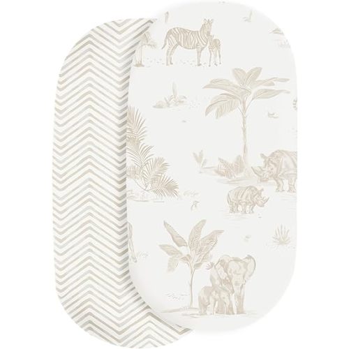 Makemake Organics Organic Cotton Bassinet Sheet (Set of 2) GOTS Certified Organic Bassinet Mattress Cover Fits Hourglass Rectangle Oval - Ultra Soft Breathable (15"x33", Safari + Herringbone)