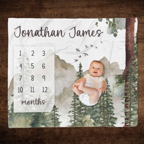 Personalized Baby Boy Milestone Blanket, Forest Mountain Theme