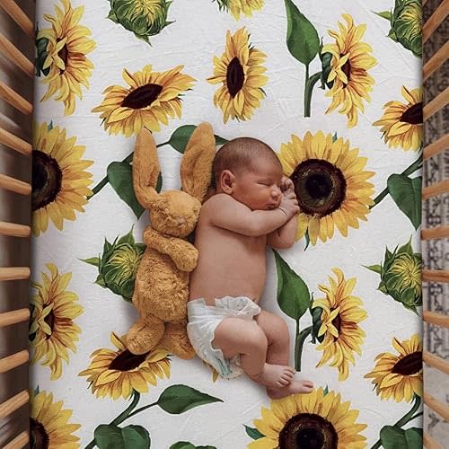 Soft Fitted Crib Sheet, Stretchy and Breathable Toddler Crib Sheet for Boys and Girls, Fits Standard Crib and Toddler Mattress (Sunflower)