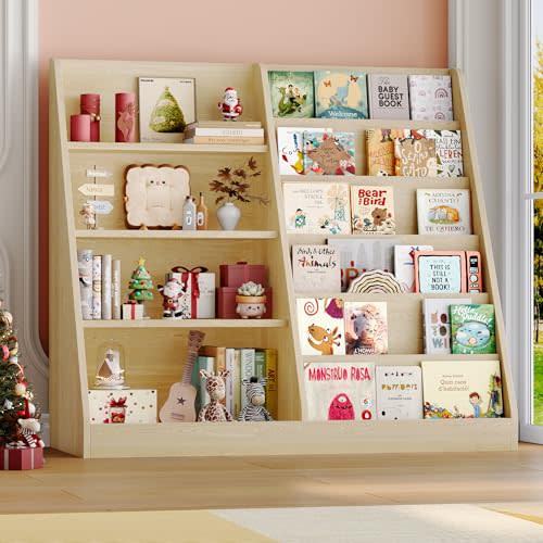 LULUBEAR 6 Tier Kids Bookshelf and Toy Storage Organizer, Child-Friendly Height & Stable Triangle Design, Toddler Book Shelf for Kids Room, Playroom, Bedroom, Classroom, Nursery, School, Natural