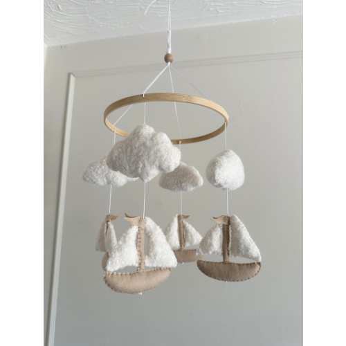 SAIL BOAT baby boy cot mobile, handmade boucle clouds and felt boats, nautical nursery