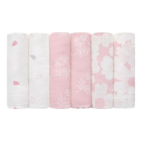 GLLQUEN BABY Receiving Blanket Boy Cotton Muslin Swaddle Blankets Girl Newborn Squares Breathable & Soft Thin Baby Blankets Cloths Double Absorbent Infant Swaddling Wrap - 6 Pack (Rosebud)