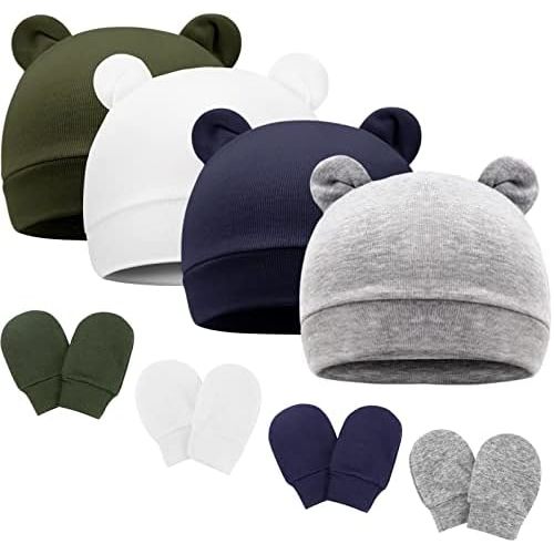 Newborn Baby Hat and Mittens Set Bear Ears Toddler Infant Beanie Caps Newborn Hospital Hat for Baby Boy Girl 0-3 Months