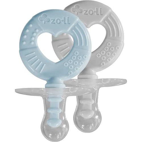 Teething Pacifier for Babies | ZoLi binki T. Pacifier + teether Combination, Orthodontic Silicone Pacifier, Natural Pacifier Good for Baby Palate Development, Blue + Grey Circle (Pack of 2)