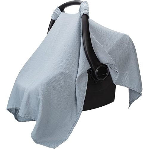 Comfy Cubs Baby Car Seat Cover - Soft, Breathable Bamboo Rayon and Muslin Cotton Blend - Lightweight Canopy for Sun, Bug, and Comfort Protection - Large Size Infant Seat Cover in Pacific Blue Design