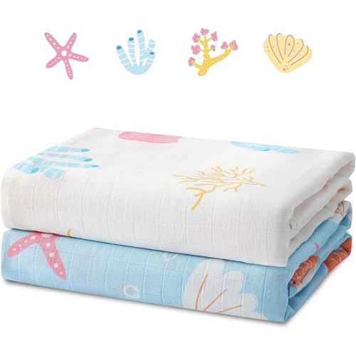 2-Pack Baby Muslin Swaddle Blankets, 47 x 47 Inches Soft Breathable Swaddle Blanket, Lightweight Receiving Blanket for Newborns and Infants, Underwater Magic