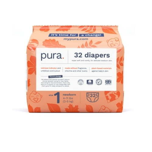Pura Size 1 Eco-Friendly Diapers (4-11lbs) Hypoallergenic, Soft Organic Cotton Comfort, Sustainable, Wetness Indicator, Allergy UK Certified. Newborn 1 Pack of 32 Baby Diapers RDD17