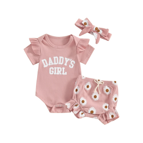 Baby Toddler Girls 3Pcs Shorts Outfits, 0 3 6 12 18 Months Short Sleeve Letters Print Romper Flower Print Shorts with Hairband Summer Clothing Set