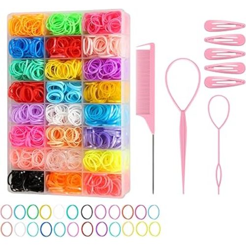 2500pcs Hair Elastics, 24 Color Colorful Small Rubber Bands with Organizer, Topsy Turvy Hair Tool Hair Accessories for Girls, Toddlers, Kids