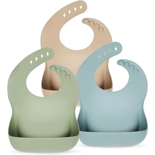 Silicone Baby Bibs for Boys Girls, 3 Pack Soft Adjustable Silicone Bibs for Babies Toddlers, BPA Free, Waterproof Bibs for Baby Eating Essentials Baby Gifts