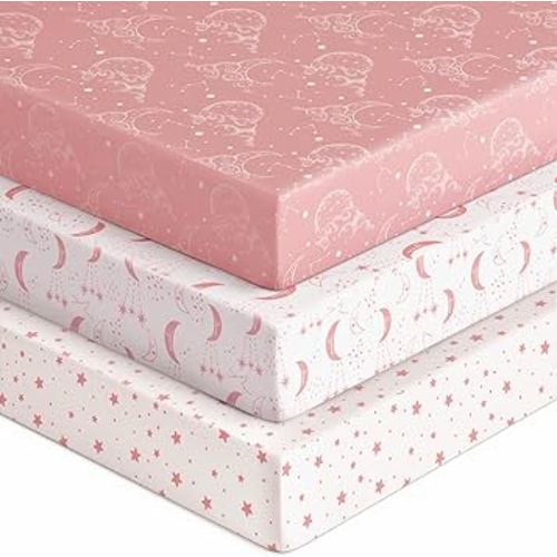 Baby Crib Sheets for Boys Girls, Fitted Crib Sheet Neutral 3 Pack for Standard Crib and Toddler Mattress, Breathable Soft Microfiber Baby Sheet 28x52x8in Pink White Moon