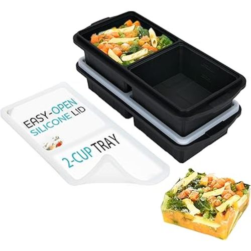 Silicone Freezer Tray With Lid-Soup Freezer Container molds-2-cup Extra Large Ice Cube Tray-makes 4 perfect 500ml portions cubes, For freezing soup,stews,sauces.Oven&Dishwasher-Safe(2-Pack)