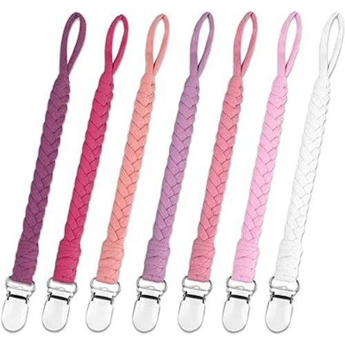 7 Pcs Pacifier Clip, Pacifier Clips for Boys & Baby Girls Pacifier Holder Clip Binky Clips Braided 100% Handmade Fits All Pacifiers(Pink, 7 Pack)
