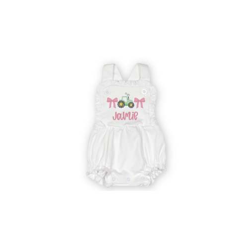 Personalized Bow Tractor Romper with Name | First Birthday Custom Bubble Romper | Boy's Sunsuit Outfit | Farm Themed Birthday Outfit