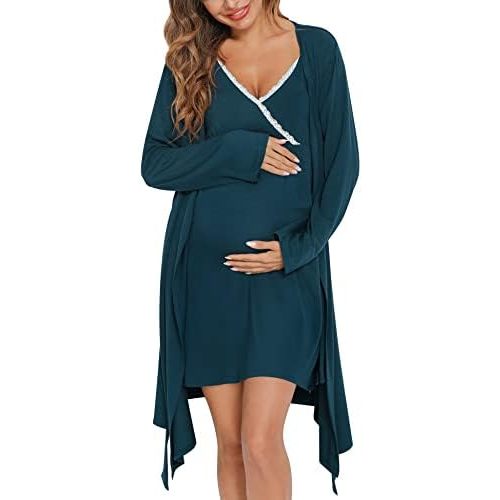 SWOMOG Womens Maternity Robe 2 Piece Nursing Nightgown for Breastfeeding 3 in 1 Labor Delivery Nursing Dress Lace Bathrobe